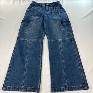 Cider Happy Hour Women’s M Wide Leg Cargo Pants Dark Wash Denim Baggy Pockets